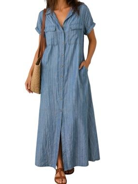 Velvet Heart Blue Striped Button-Down Maxi Shirt Dress Size M